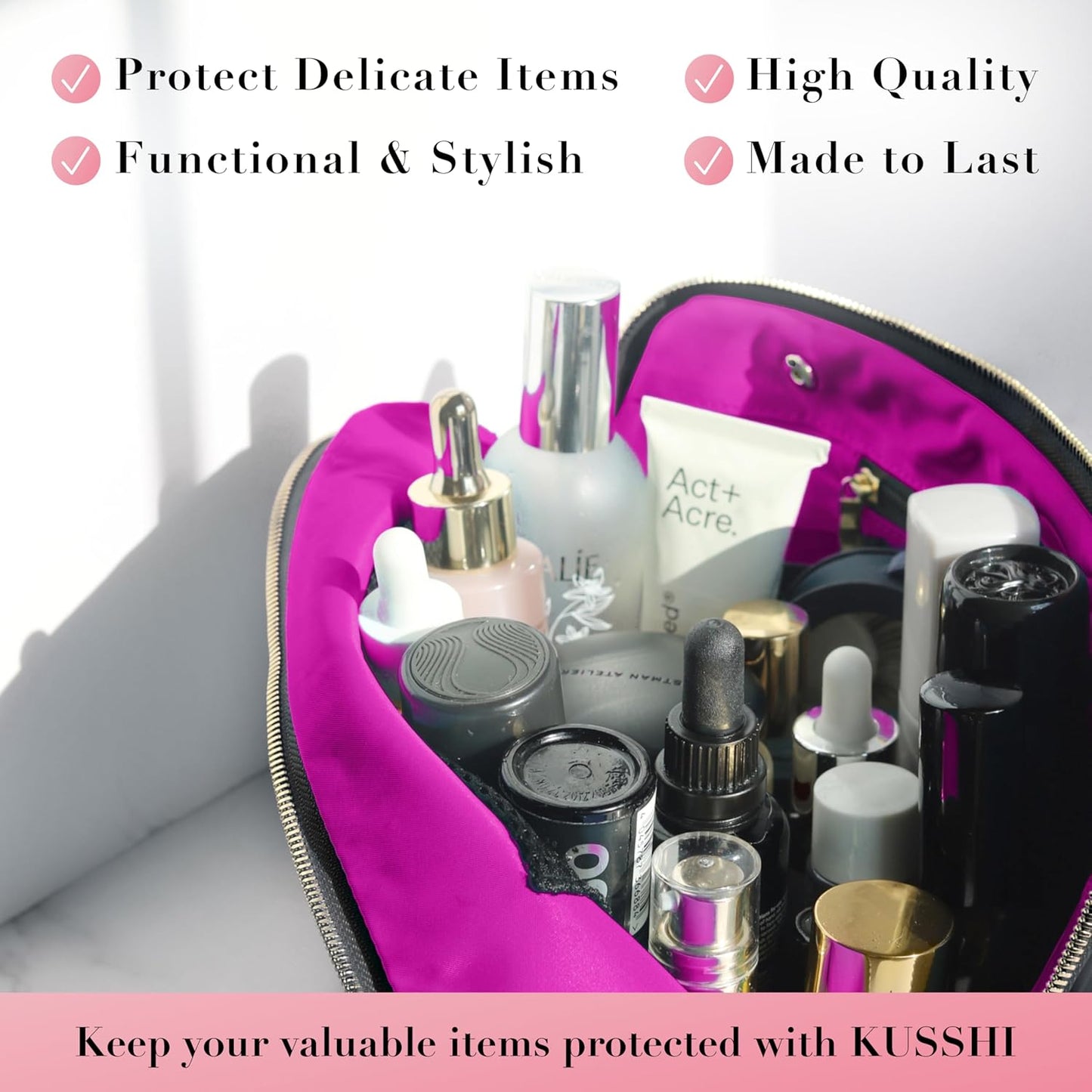 KUSSHI Washable Travel Makeup & Cosmetic Bag - Brush Organizer Sold Separately (Vacationer, Satin Black/Pink)