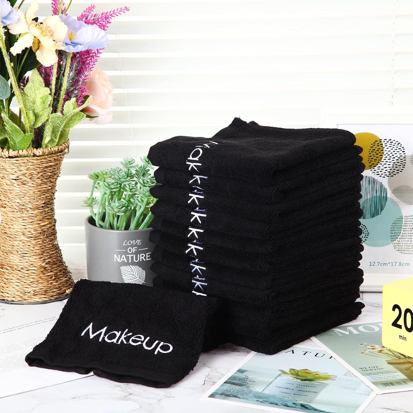 Panelee 13 Inch Makeup Washcloths Black Makeup Towels Cotton Face Wash Cloths Bulk Facial Remover Cleansing Towels Soft Cosmetic Water Absorbent for Women Hand Skin Care(12 Pcs)