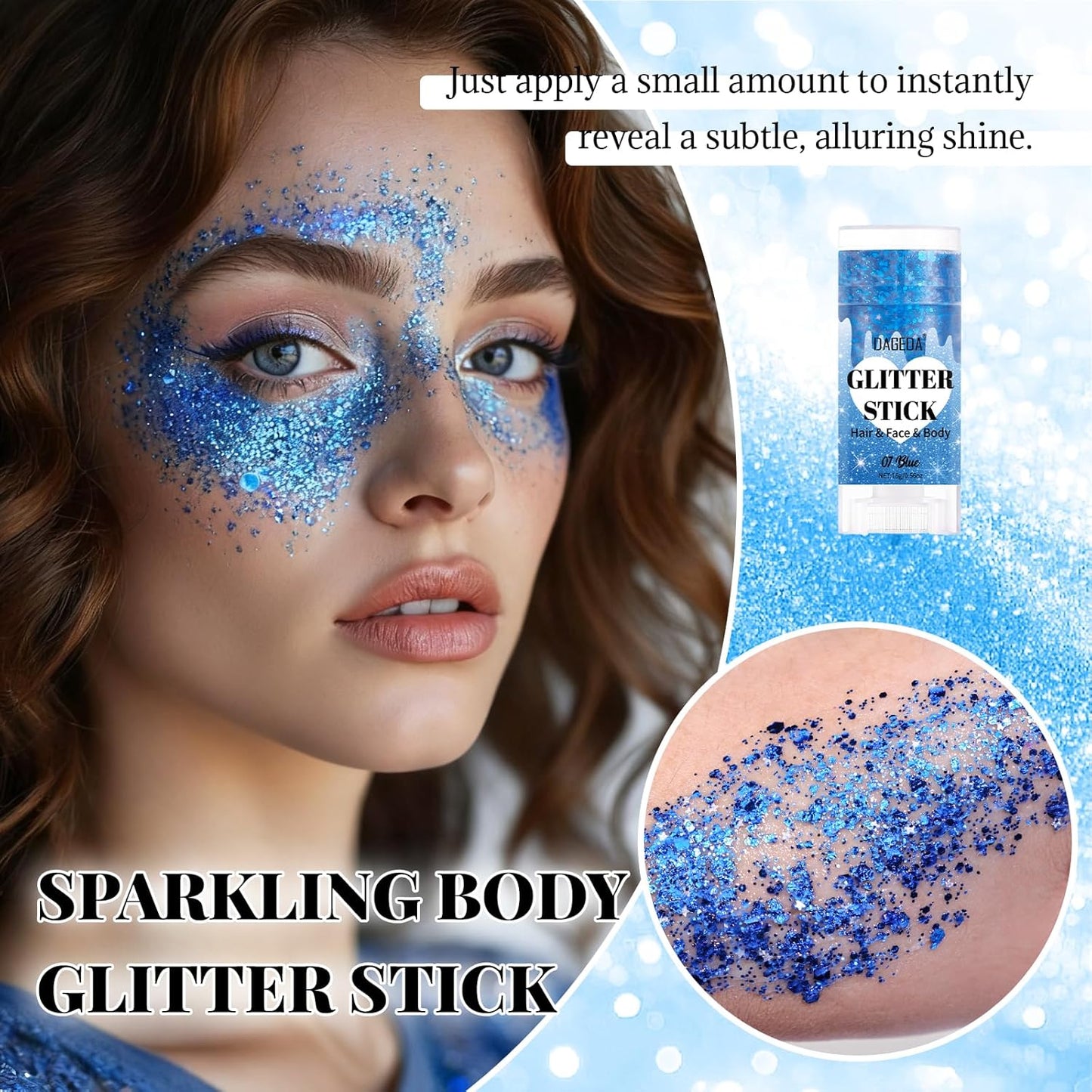 DAGEDA Blue Body Glitter Stick,Sparkly Face Glitter Makeup,Holographic Hair Glitters Mermaid Makeup Rave Outfits for Women, Shimmer Face Paint Stick Singer Concert Accessories