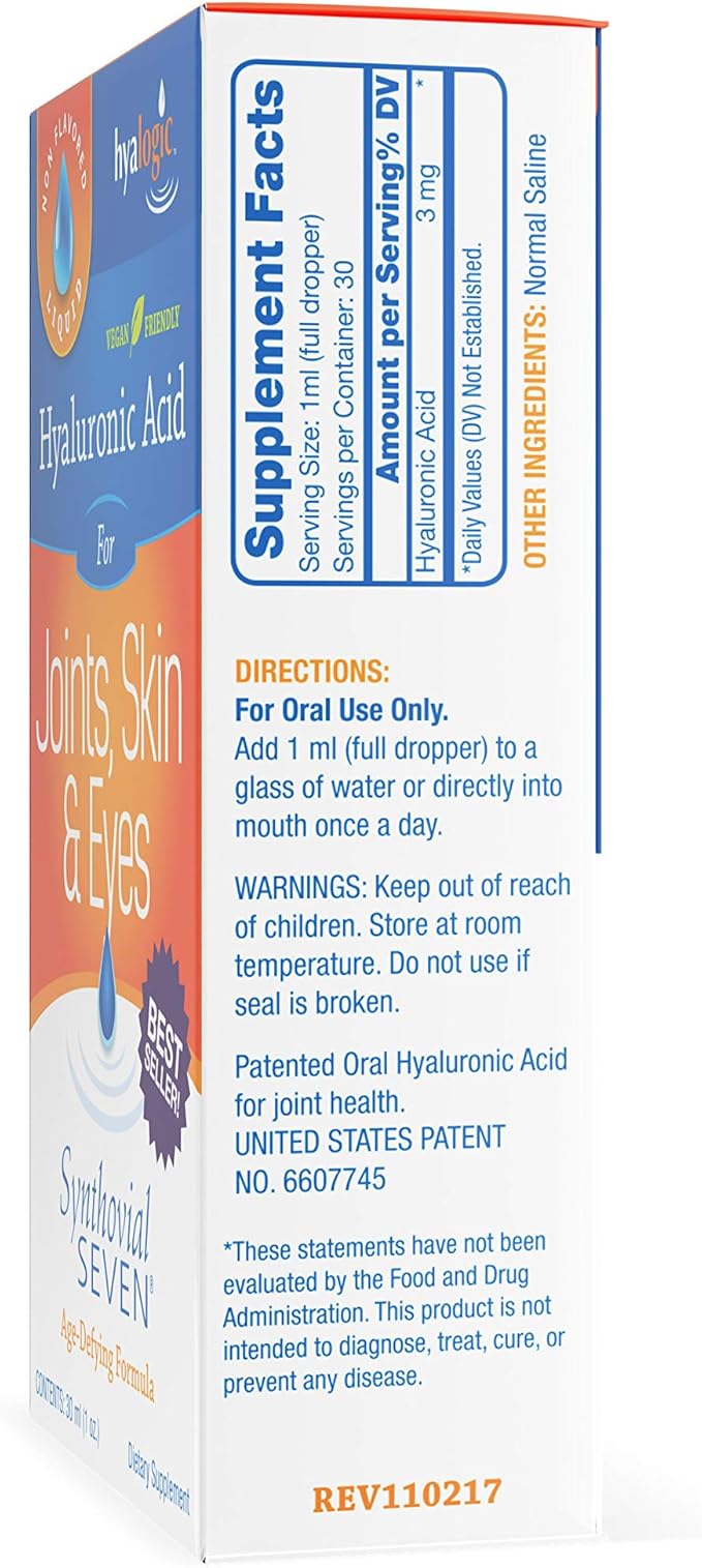 Hyalogic Synthovial Seven - Oral Hyaluronic Acid Supplement 1oz - Liquid HA Supports Skin, Eye, and Lip Hydration - Vegan, Gluten Free 1 Ounce