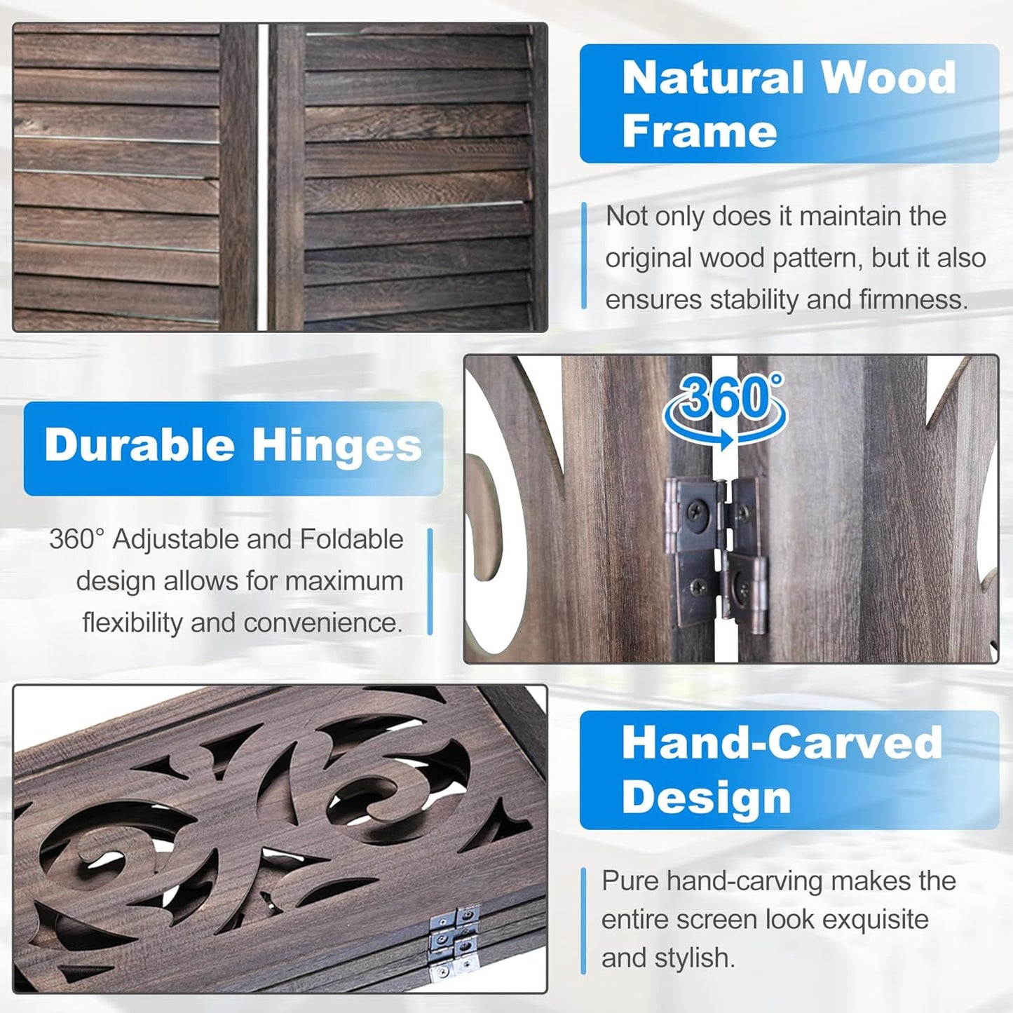 4 Panel Room Divider 5.6FT Wood Carved Room Dividers, Folding Privacy Screens Portable Freestanding Partition Wall Dividers for Bedroom, Office, Rustic Brown