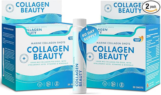 Swedish Nutra - Collagen Beauty | 10,000 mg Hydrolyzed Marine Collagen Liquid Supplement - 60 x 25 ml Daily Shots | Hyaluronic Acid and Vitamin C to Support Healthy Hair, Skin, Nails | Sugar-Free