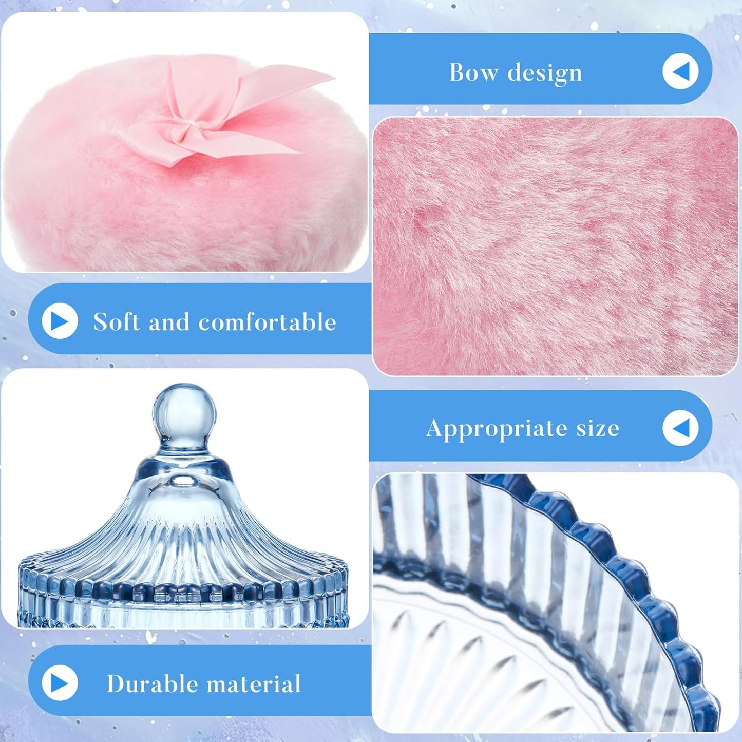 Tioncy 3 Pcs Large Body Powder Puff and Container Crystal Container Soft Washable Reusable Velour Face Body Glitter Powder Puff Wet Dry Makeup Simple Style (Blue)