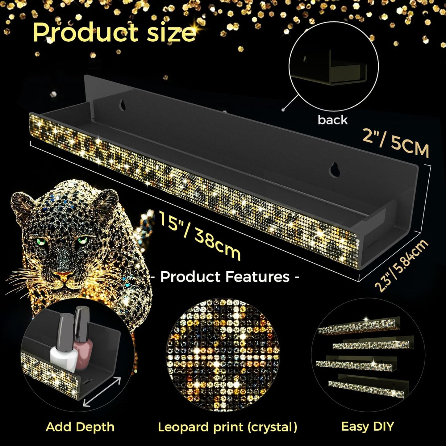 Nail Polish Wall Shelf -15 Inch Acrylic Black with Bling Leopard Print Sparkling Crystal Rhinestone, Essential Oil Organizer, Sunglasses Picture Display, Nail Polish Rack for Bedroom, Studio 4 Pack