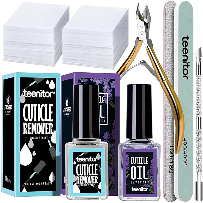 Teenitor Cuticle Softener Remover, Cuticle Oil, Nail Care Cuticle Remover Tools Set with Cuticle Trimmer,Cuticle Pusher,Nail File Buffer, Cuticle Nipper Lavender