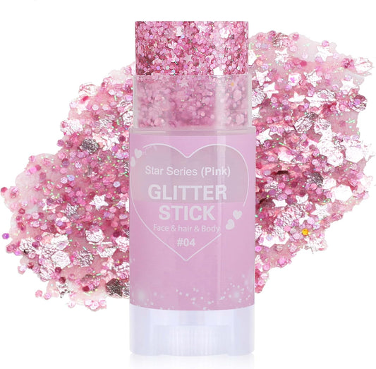 Pink Hair Glitter Stick, Chunky Sequins Body Face Glitter Singer Concert Outfits For Women,Halloween Body Paint for Kids,Waterproof Shimmer Music Festival Pink Out Accessories for Spirit Week