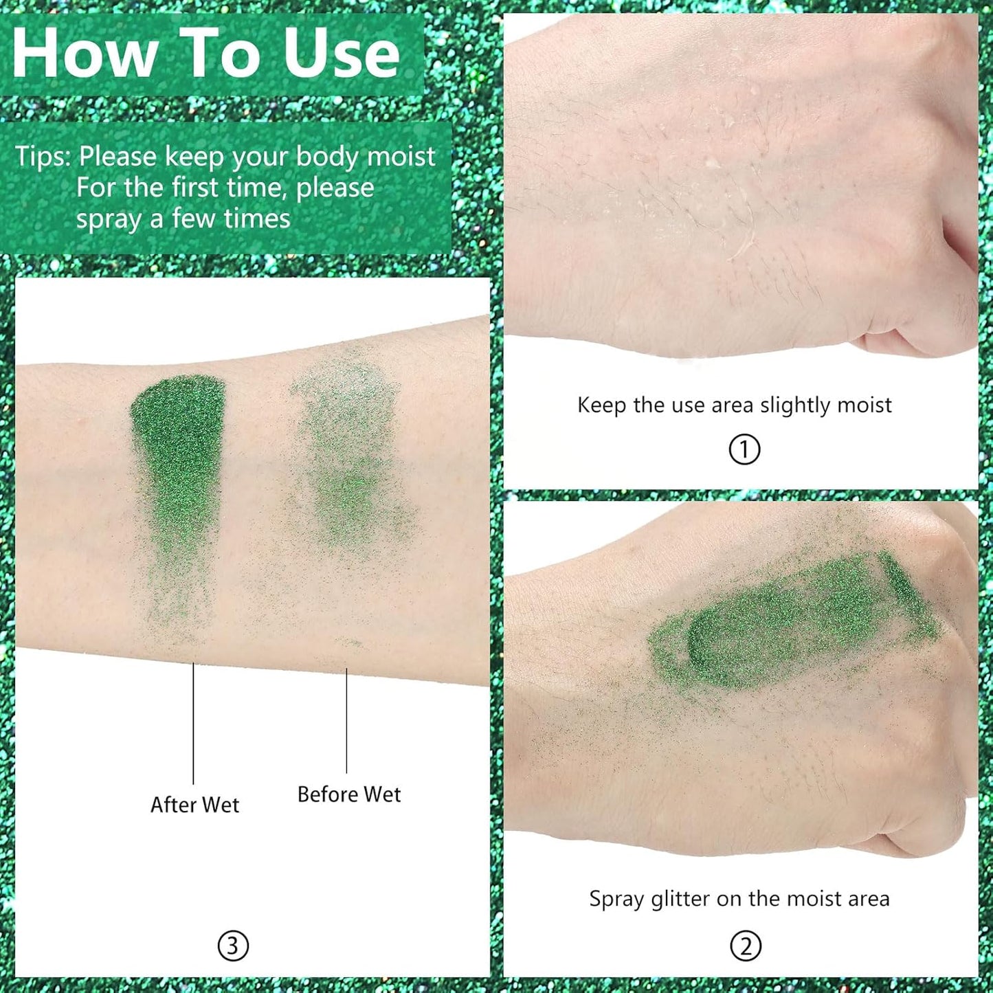 Etercycle Body Shimmer Spray, Green Hair Glitter Spray Sparkly Gifts, Face Glitter for Women Longwear and Quick Drying Fine Glitter Makeup for Y2K Accessories, Party, Stage Shows, Nightclubs, Bar