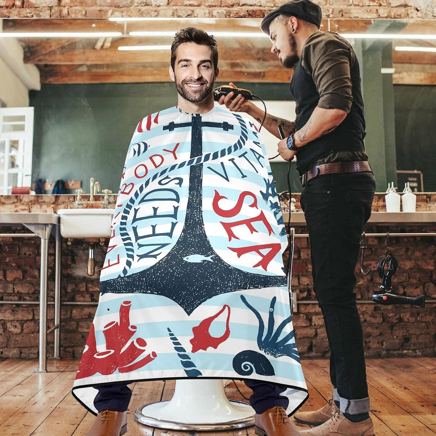 visesunny Barber Cape Anchor Blue Stripe Polyester Hair Cutting Salon Cape Apron Anti-Static Haircut Water-Resistant Shaving Cloth Beard Shaving Bib Hairdressing Cape