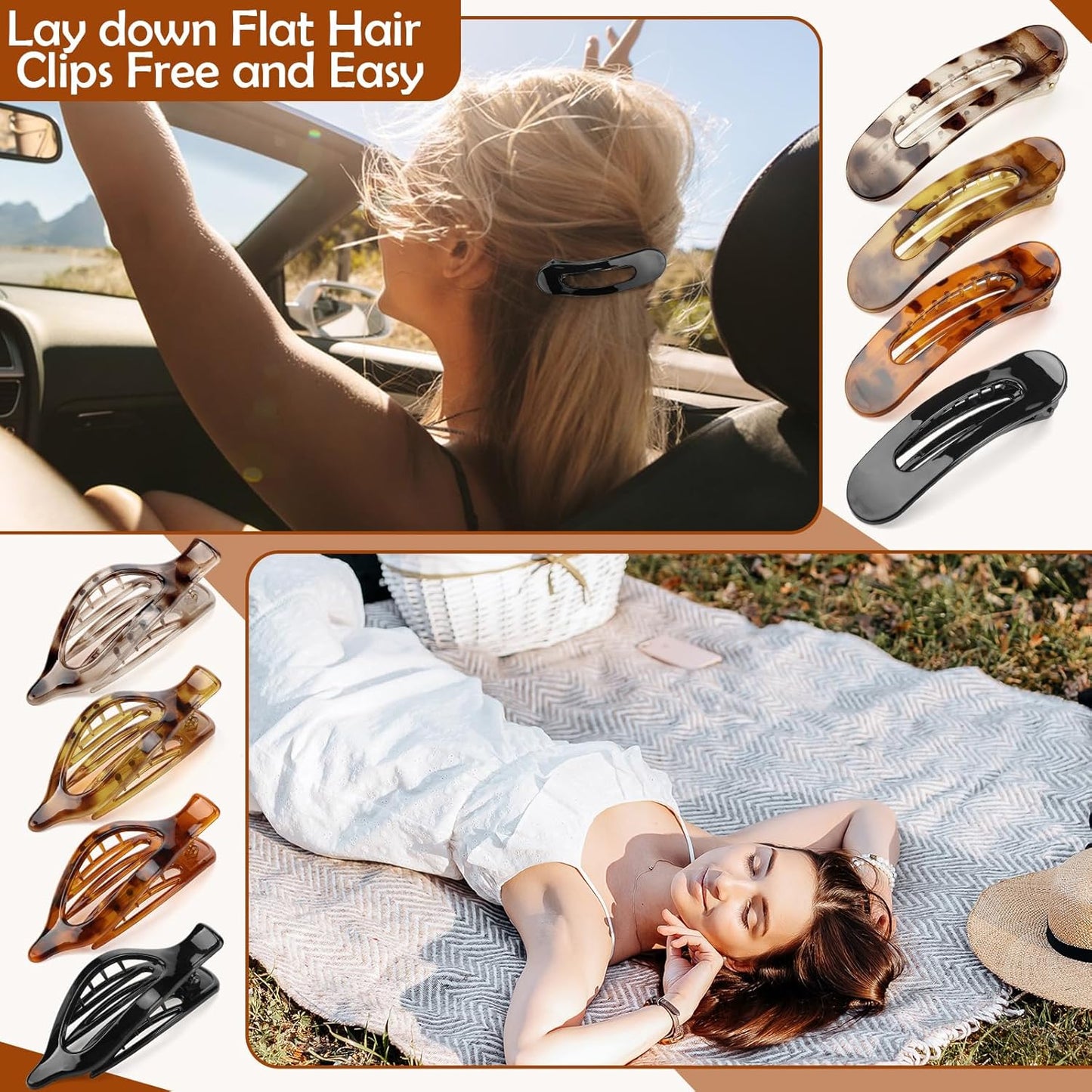 10 Pcs Flat Hair Clips for Women, 3 Styles Tortoise Flat Claw Clips, Strong Hold No Slip French Flat Hair Clips for Thin Thick Curly Hair, Tortoiseshell