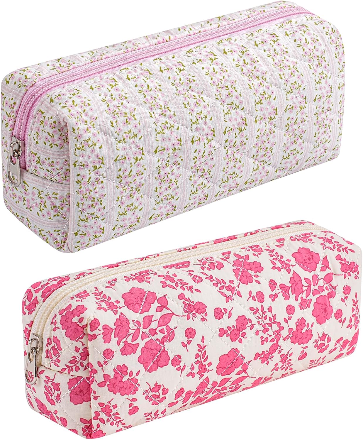 Cute Floral Cotton Makeup Brush Cosmetic Bag for Women, Travel Quilted Zipper Make Up Bag, Flowers Toiletry Organizer Case Kawaii Makeup Cosmetic Travel Cloth Pouch (Pink+Big Red Floral)