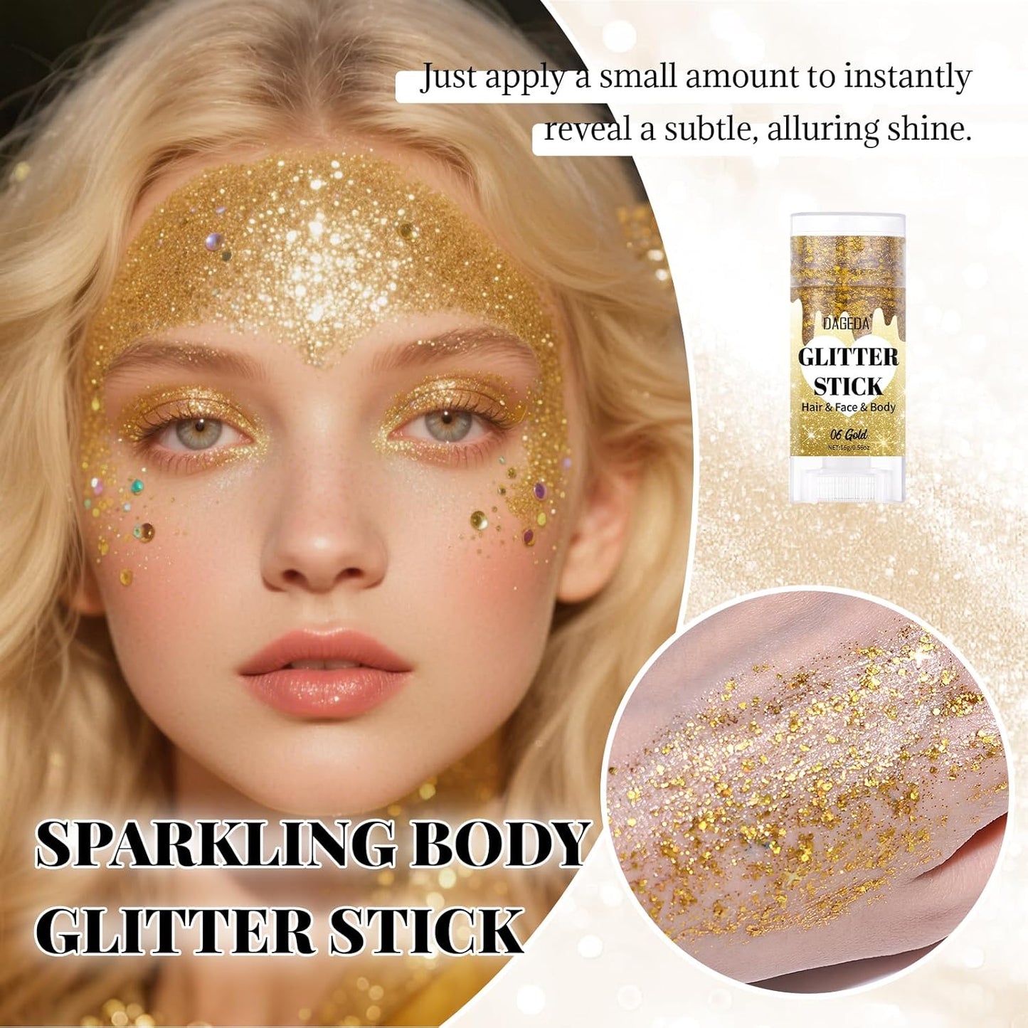 DAGEDA Gold Body Glitter Stick,Sparkly Face Glitter Makeup,Holographic Hair Glitters Mermaid Makeup Rave Outfits for Women, Shimmer Face Paint Stick Singer Concert Accessories