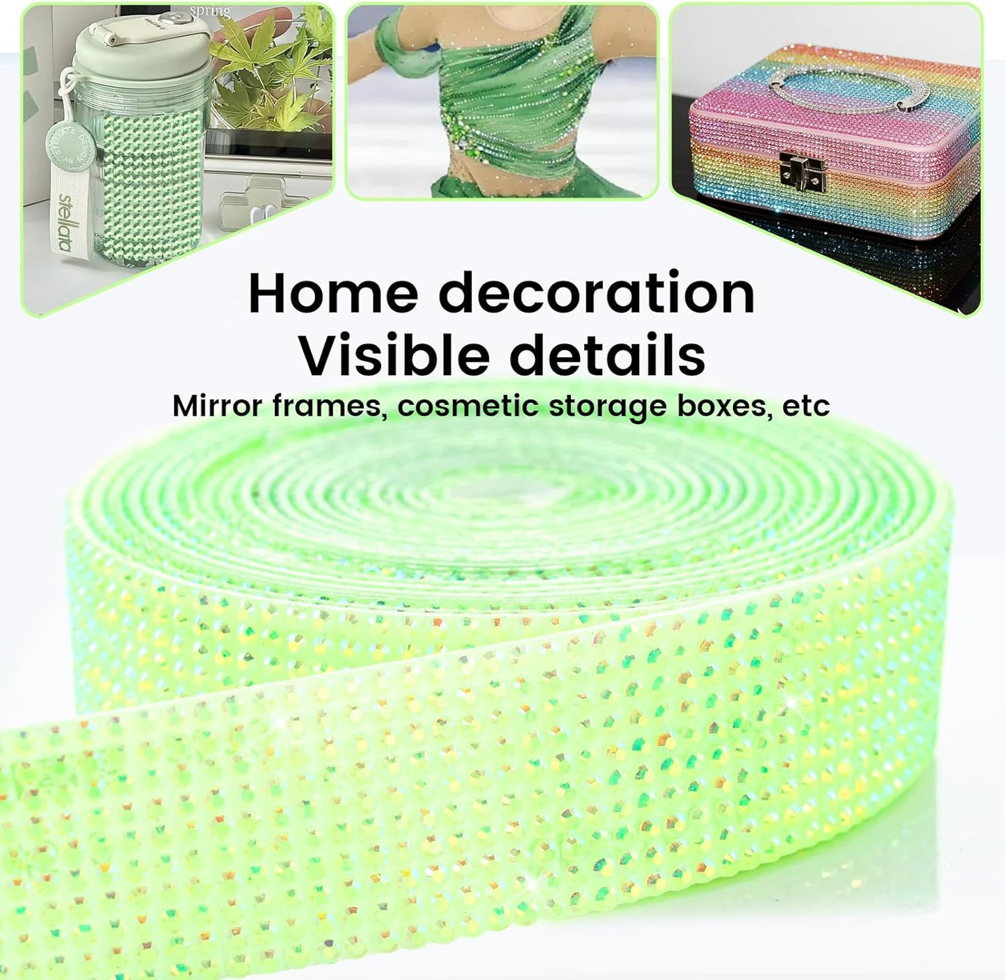 Novani Self Adhesive Rhinestone Ribbon, 1.18 Inch Wide 3 Yards 1 Roll, Light Green AB Diamond Bling Strips for DIY Crafts, Glitter Resin Rhinestones Tape for Crafting, Car Decoration