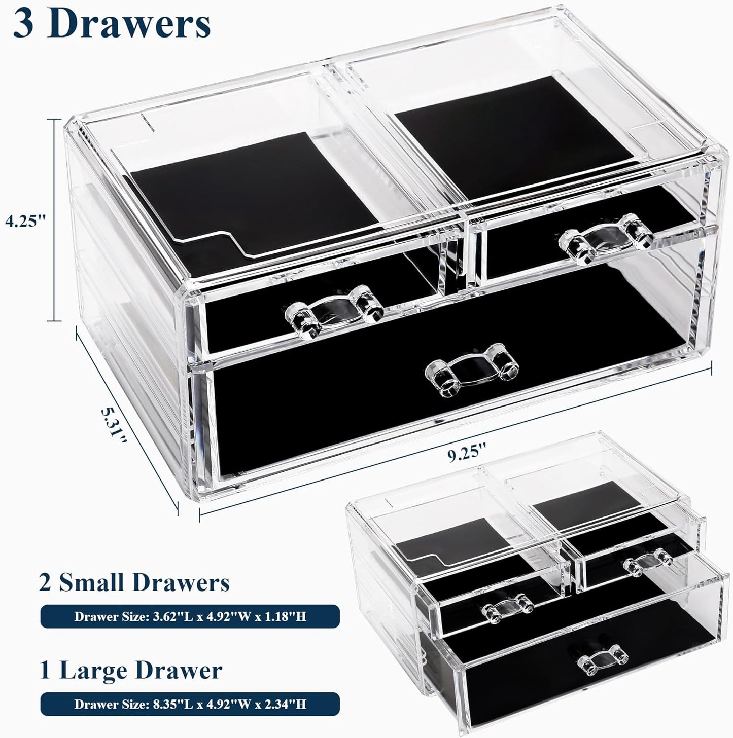 Sea Team Clear Makeup Organizer with Drawers, Acrylic Plastic Cosmetic Display Case, Jewelry Storage Box, Holder for Dresser, Bathroom, Vanity, Countertop (1 Large, 2 Small Drawers)