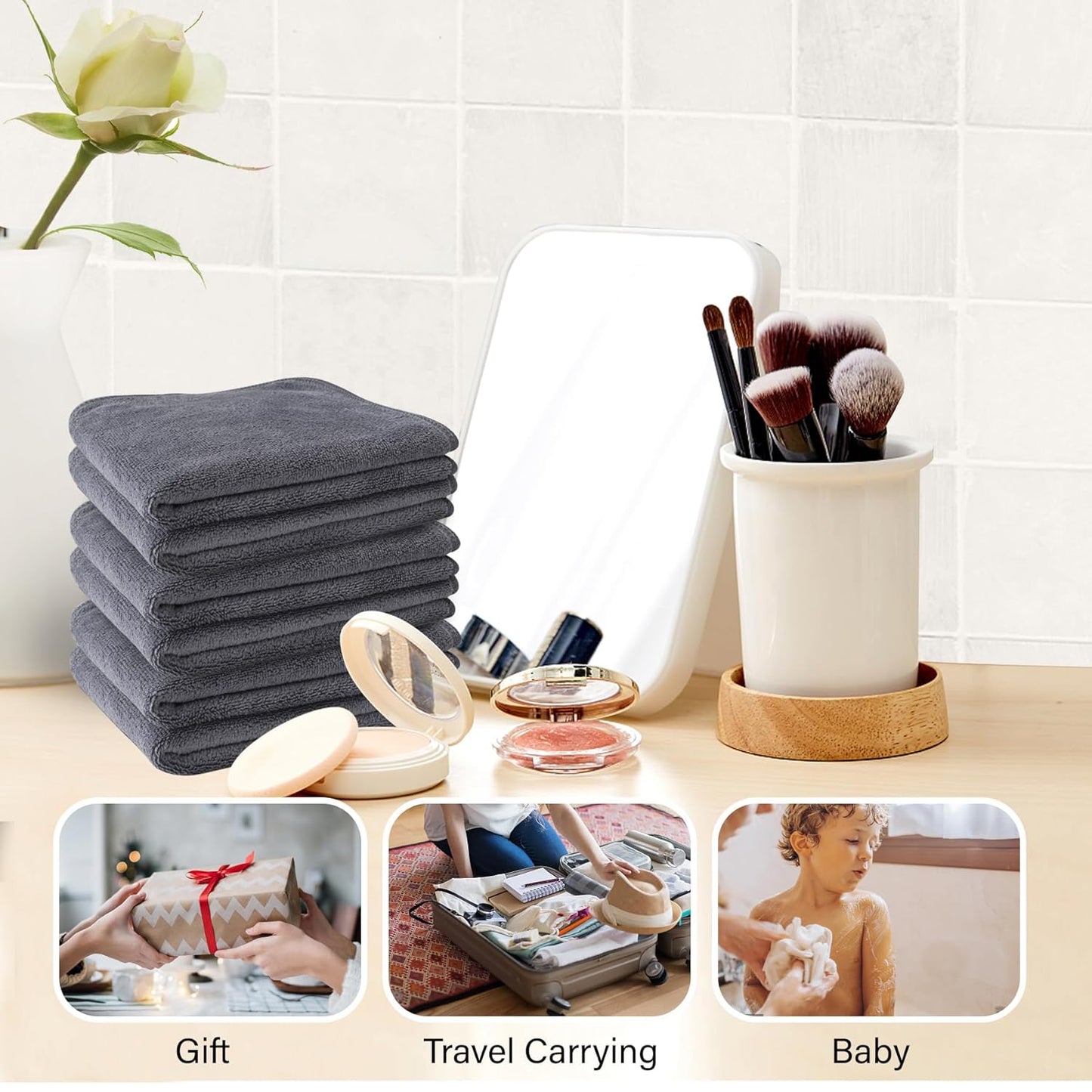 Nugilla Makeup Remover Cloth 12 x 12 Inch, Reusable Makeup Remover Towels for Washing Face, 6 Pack Washable Microfiber Face Cloth Fast Drying Washcloth, Grey