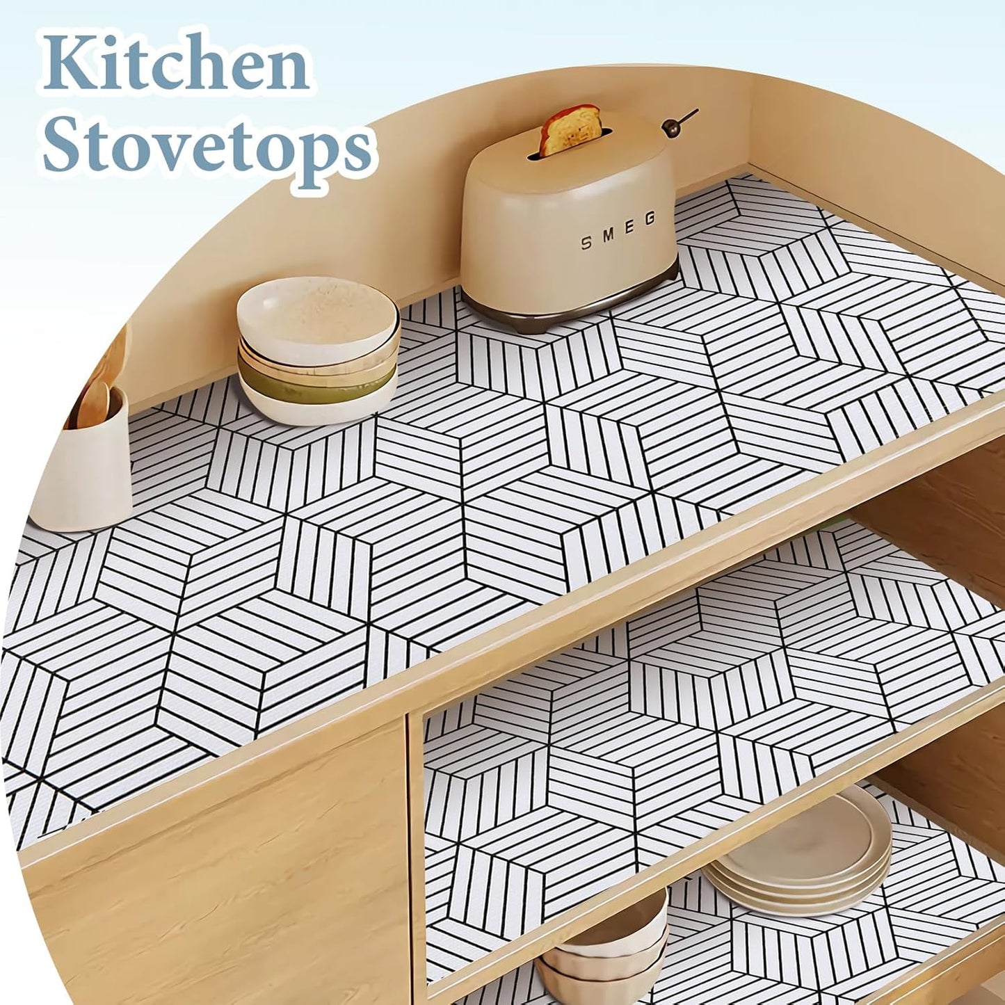 Shelf Liners for Kitchen Cabinets 17in x 30FT, Non Adhesive Cabinet Liner Strong Non-Slip Thickened Black White Geometric Drawer Liner, Easy to Clean for Shelf, Cabinet with Knife and Tape Measure