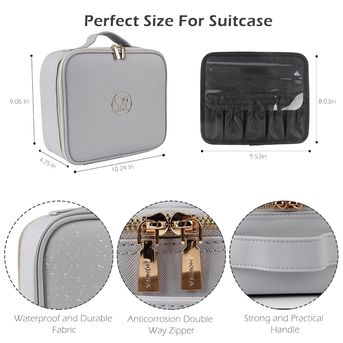 MOMIRA Travel Makeup Bag Cosmetic Bag Makeup Organizer Bag with Lighted Mirror, Adjustable Brightness in 3 Color Scenarios, Waterproof Makeup Train Case, Gift for Women - Grayish