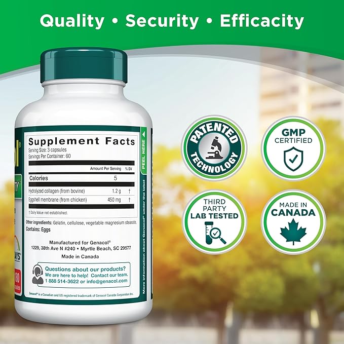 Genacol Natural Eggshell Membrane & Collagen Peptides Supplement for Joint Comfort & Flexibility | Gluten-Free, Non-GMO Joint & Mobility 180 Capsules