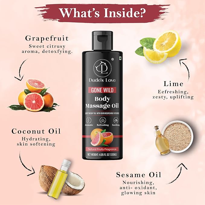 Organic - Grapefruit Full Edible Body Massage Oil - Refreshing, Calming | No Stain & Non-Sticky | with Fractionated Coconut Oil, Grapefruit & Lime Oil - 4.05 Fl Oz