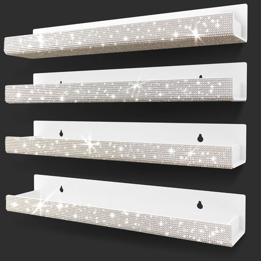 Care&More YJ 4 Pack 15 Inch Nail Polish Wall Rack，Diamond Crystal Rhinestone Acrylic Nail Polish Organizer，Sunglasses Essential Oil Picture Display Storage Wall Shelf