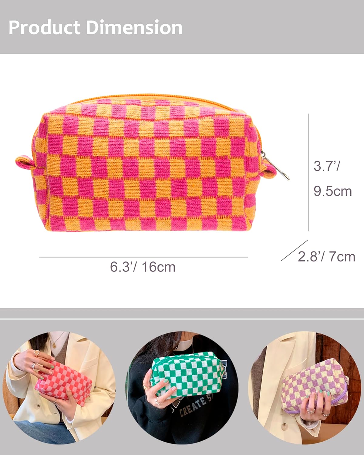 PAZIMIIK 2PCS Checkered Makeup Bag for Purse Portable Zipper Make Up Pouch Small Cosmetic Case for Travel Red Orange