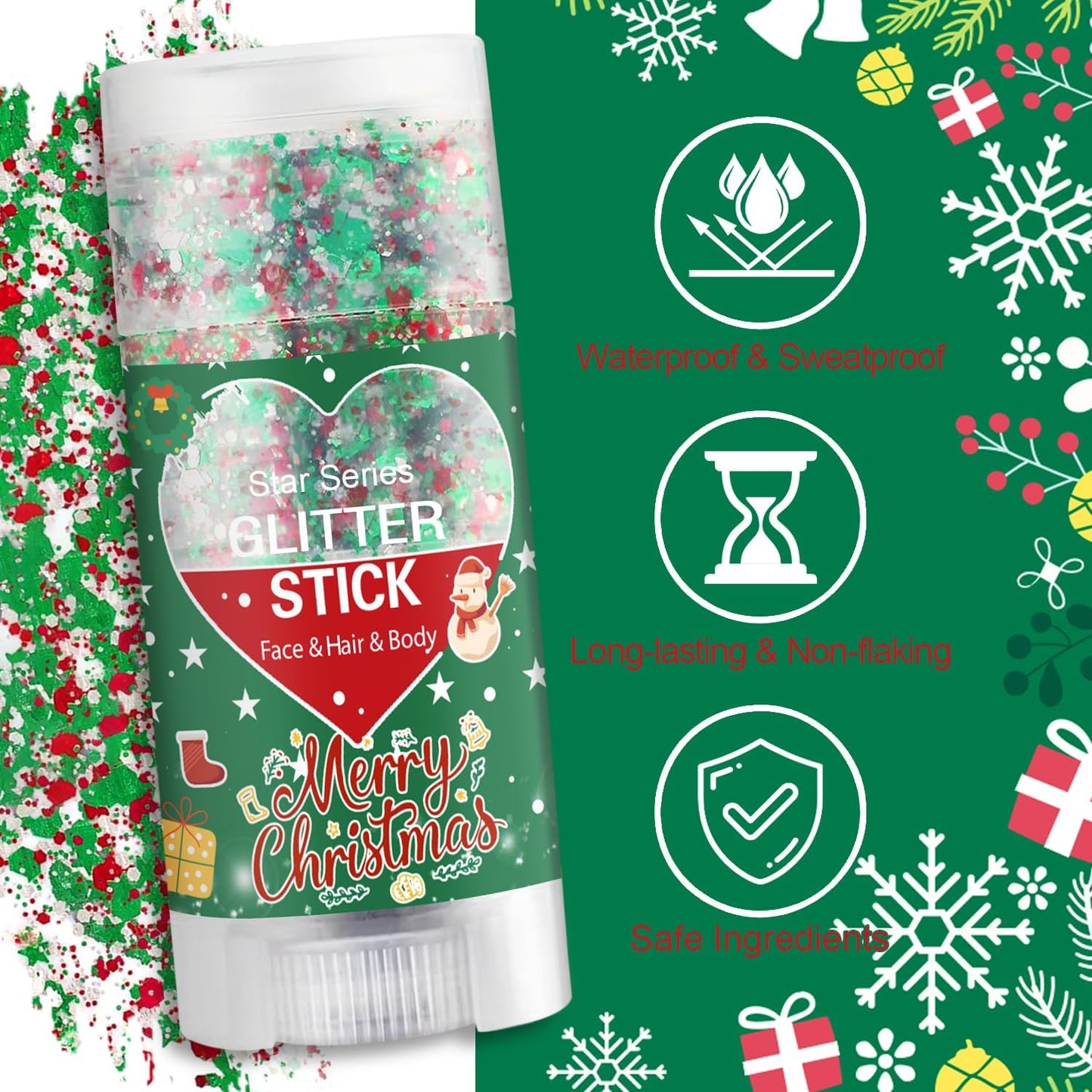 Christmas Body Glitter Stick, Waterproof Halloween Face Glitter Gel, Chunky Glitter Face Paint, Orange Purple Black Sequin Hair Glitter Makeup for Women and Kid (Green Red White)