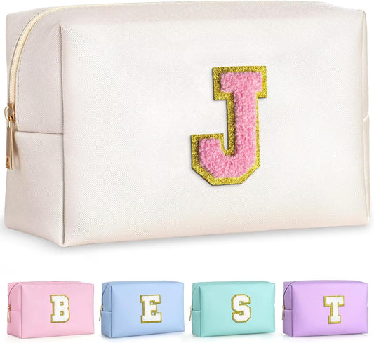 TOPEAST Birthday Gifts for Girls, Travel Makeup Bag Chenille Letter Pouch Cosmetic Bag, Makeup Travel Organizer, Monogrammed Bridesmaid Gifts for Women, Cute Stuff for Girls (Pearly White J)