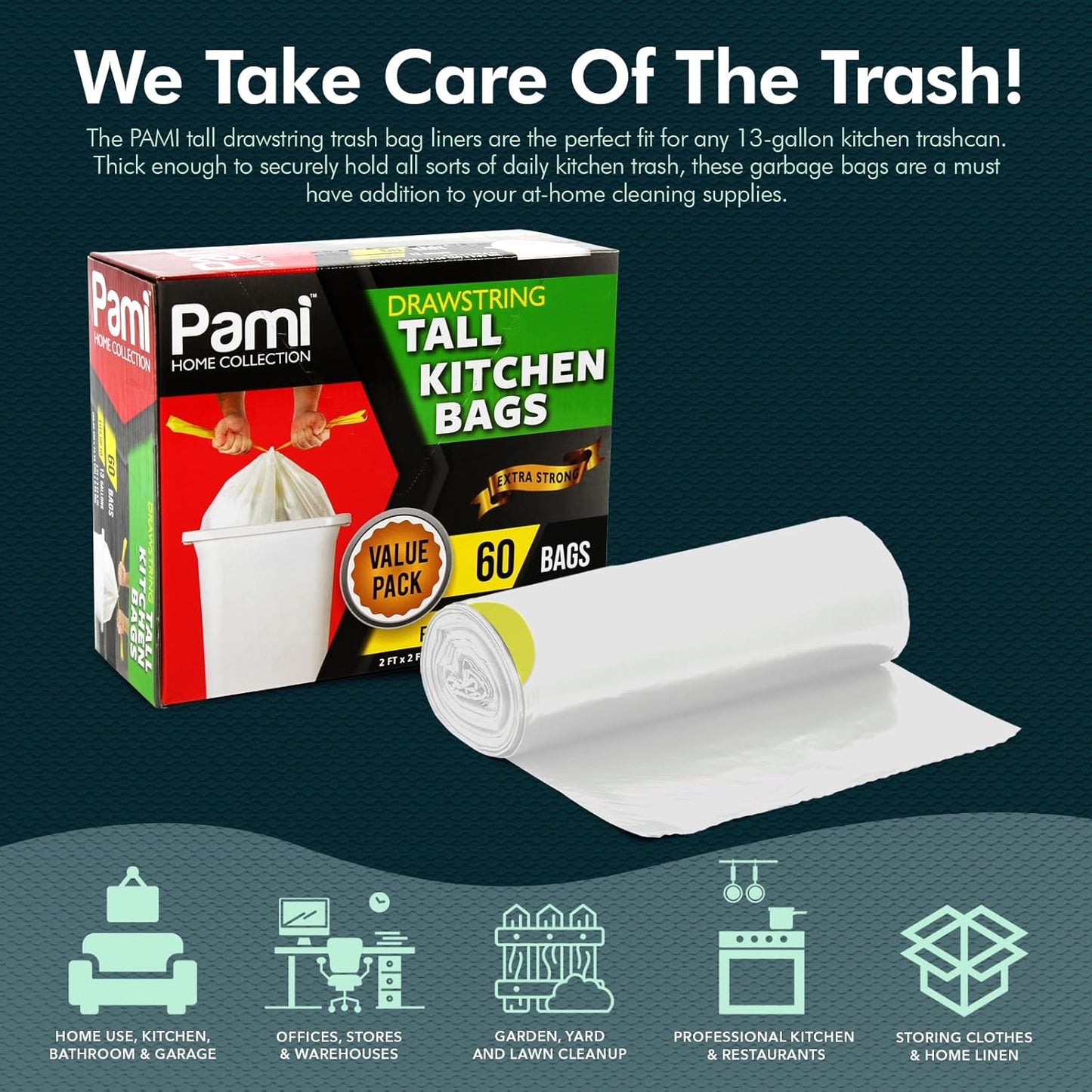 PAMI Tall 13-Gallon Kitchen Drawstring Trash Bags [60 Pack - White]- Extra-Strong Plastic Garbage Bags- Thick Trash Can Liners For Kitchen, Bathroom & Outdoor Bins- 2ft x2ft Unscented Trash Bags
