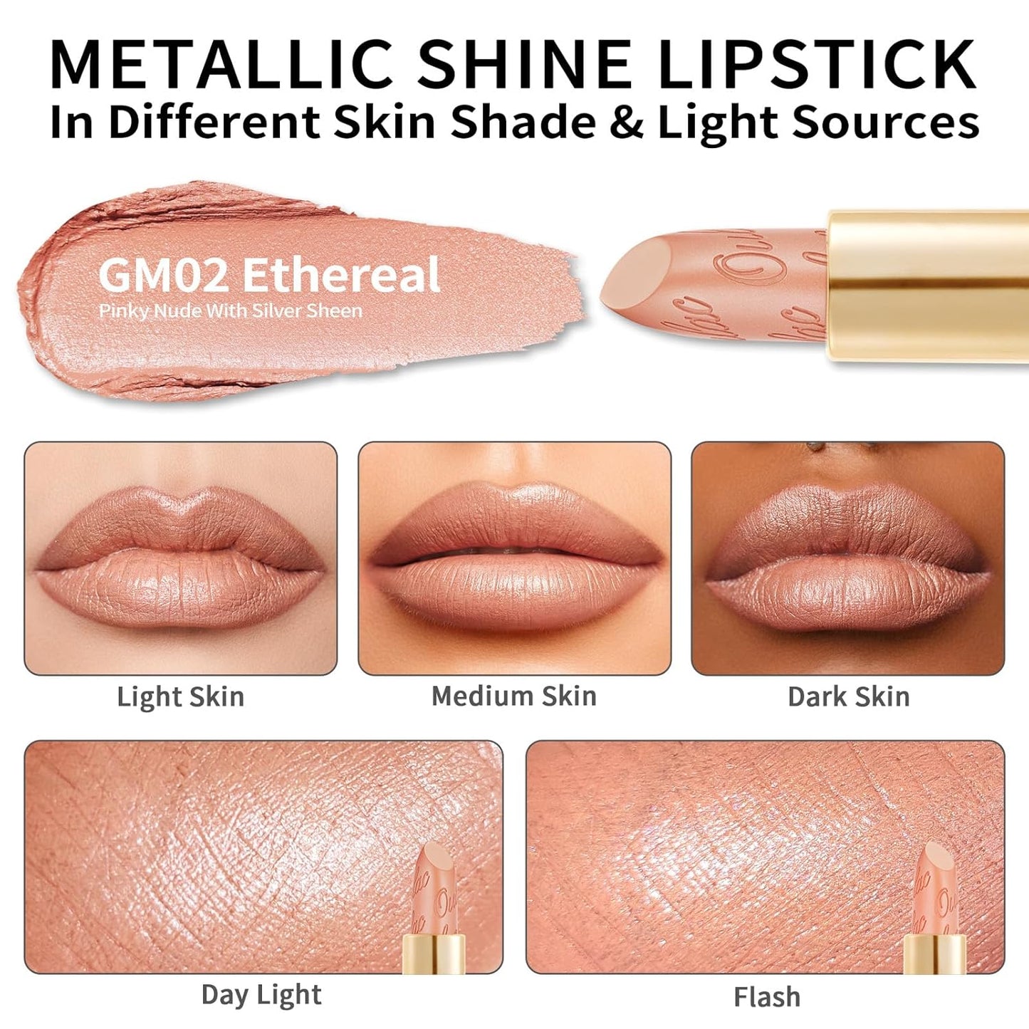 Oulac Matte Pinky Nude Lipstick with Glow Metallic Finish - Vegan Lipstick for Women, Creamy Texture, Hydrating Clean Beauty Formula, High-End Magnetic Hook Design, GM02 Ethereal