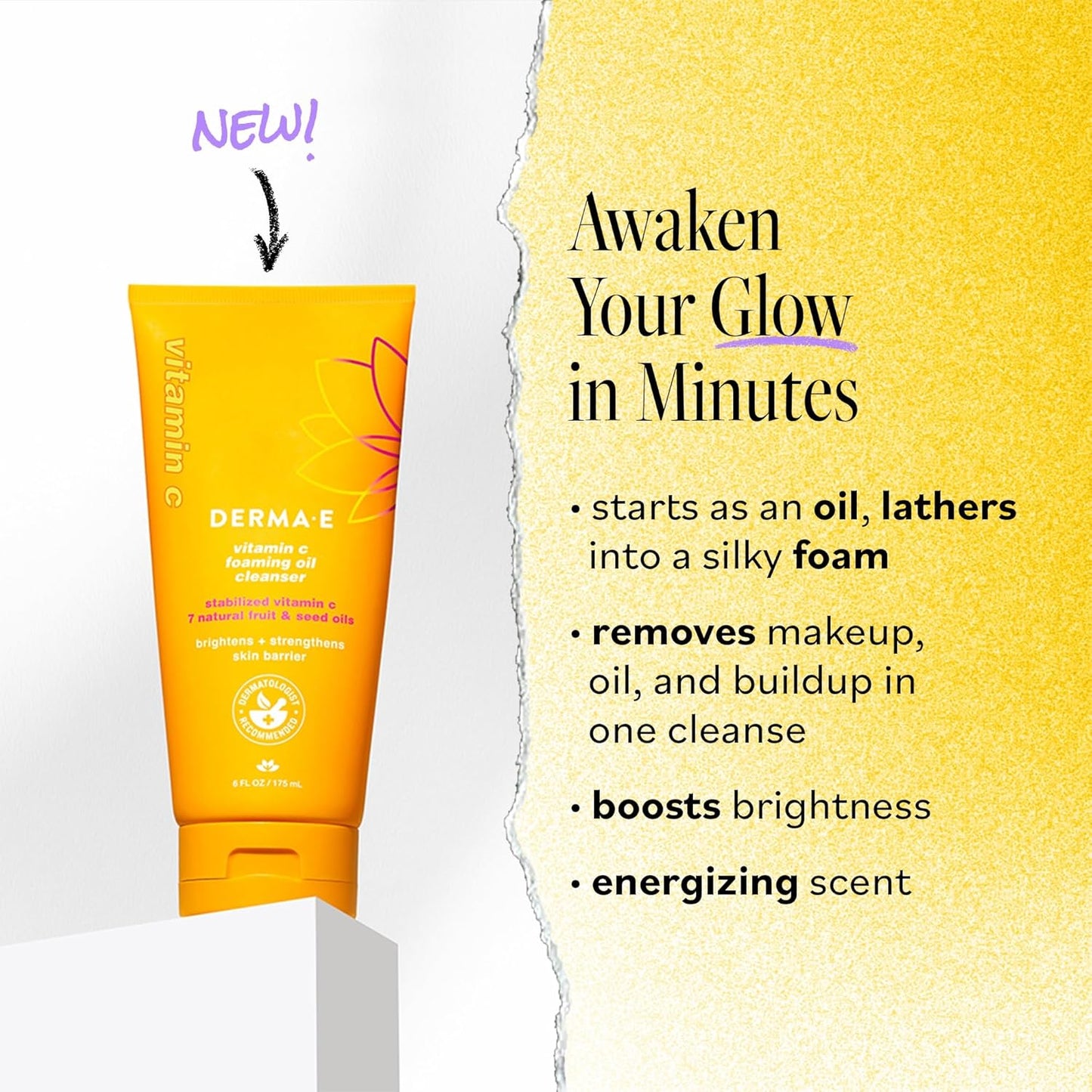 Derma E Vitamin C Foaming Oil Cleanser, 6 Fl Oz, 2-in-1 Oil-to-Foam Face Wash, Makeup Remover, Stabilized Vitamin C & Niacinamide to Help Brighten, Nourish & Strengthen Skin Barrier, Gentle Skin Care