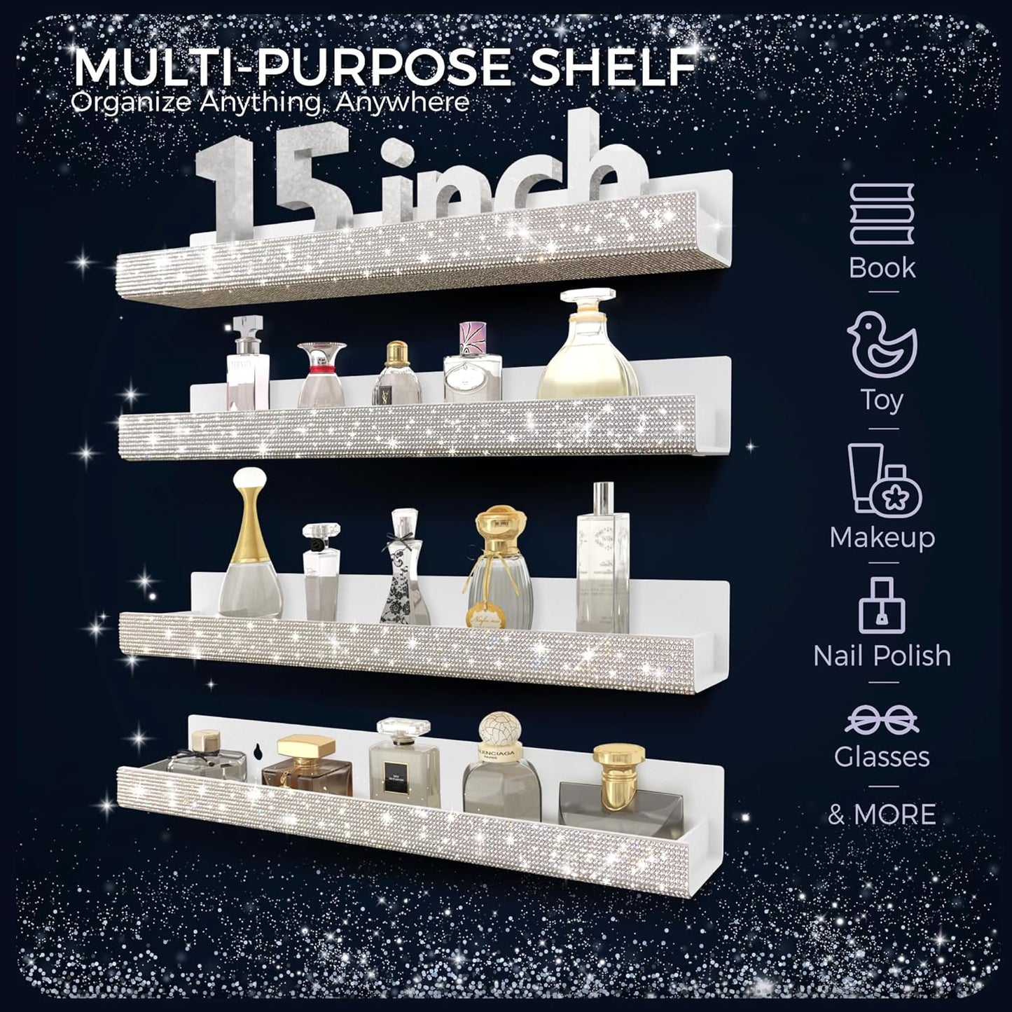 Care&More YJ 4 Pack 15 Inch Nail Polish Wall Rack，Diamond Crystal Rhinestone Acrylic Nail Polish Organizer，Sunglasses Essential Oil Picture Display Storage Wall Shelf