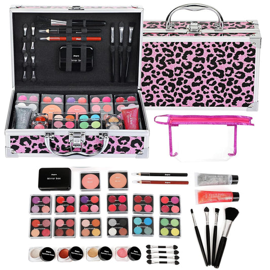 Anpro All-In-One Makeup Carry Case with Pro Teen Makeup Set, Full Starter Cosmetics Kit with Makeup Brushes, Lipsticks, Eye Shadows Palette, Blushes, Glitter Gel-Pink Leopard