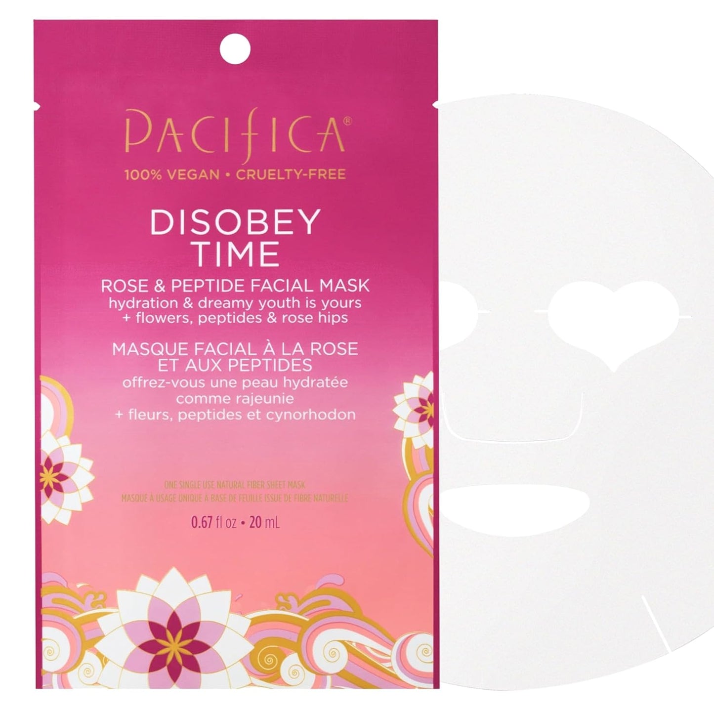 Pacifica Disobey Time Rose & Peptide Facial Sheet Mask 12-PACK Hydrating Anti-Aging Mask for Fine Lines & Dry Skin Infused w/Hyaluronic Acid & Chamomile Vegan & Cruelty-Free Dermatologist Tested