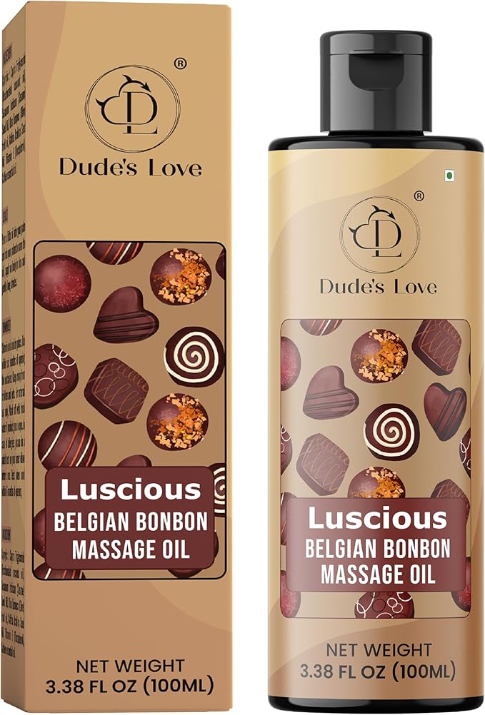 Dude's Love Luscious Belgian Bonbon Chocoalte Massage Oil - Natural Pleasant Aroma, for Men & Women, Nourishing & Moisturizing - 100 ML (3.38 Fl Oz)