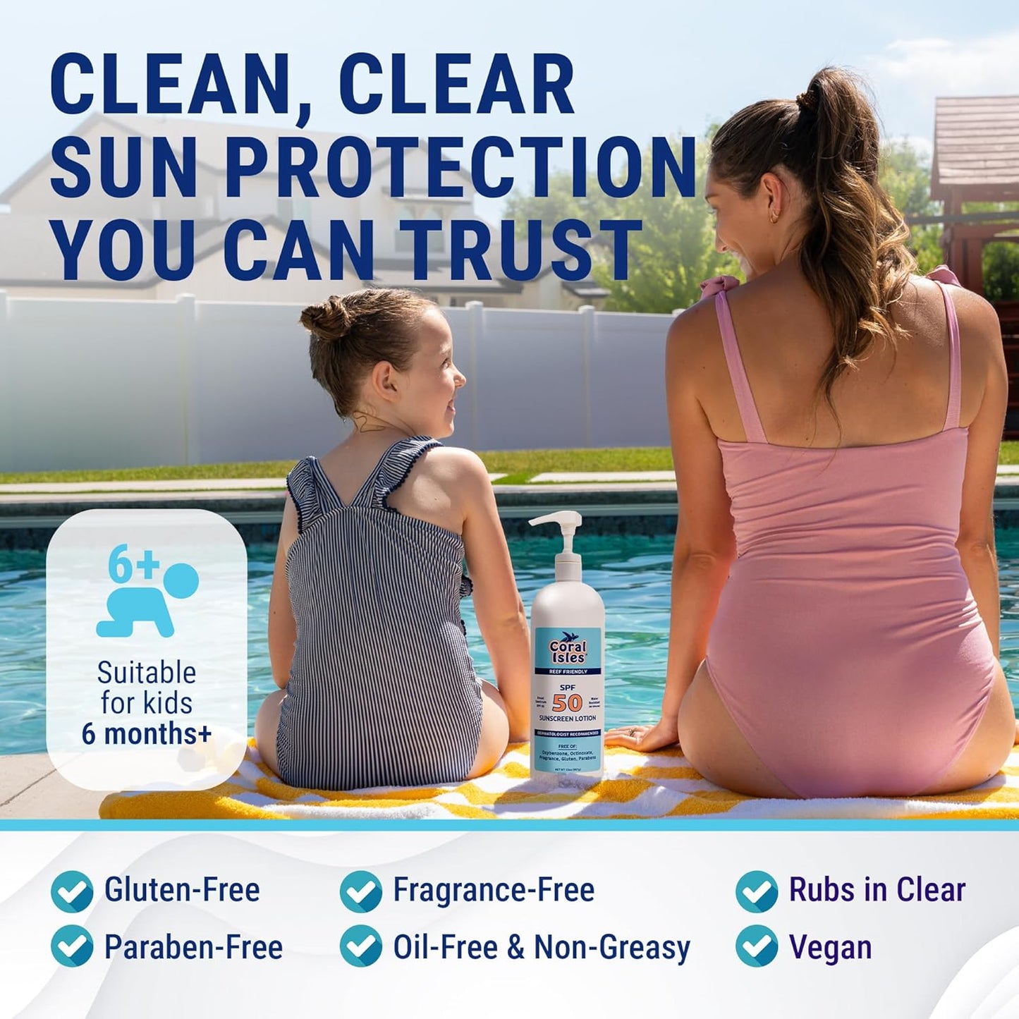 Coral Isles Sunscreen SPF 50 | Hawaii Compliant | Octinoxate & Oxybenzone Free | Broad Spectrum UVA/UVB Protection | Water Resistant 80 Min. | Fragrance Free | 32 Fl Oz Quart w/Pump