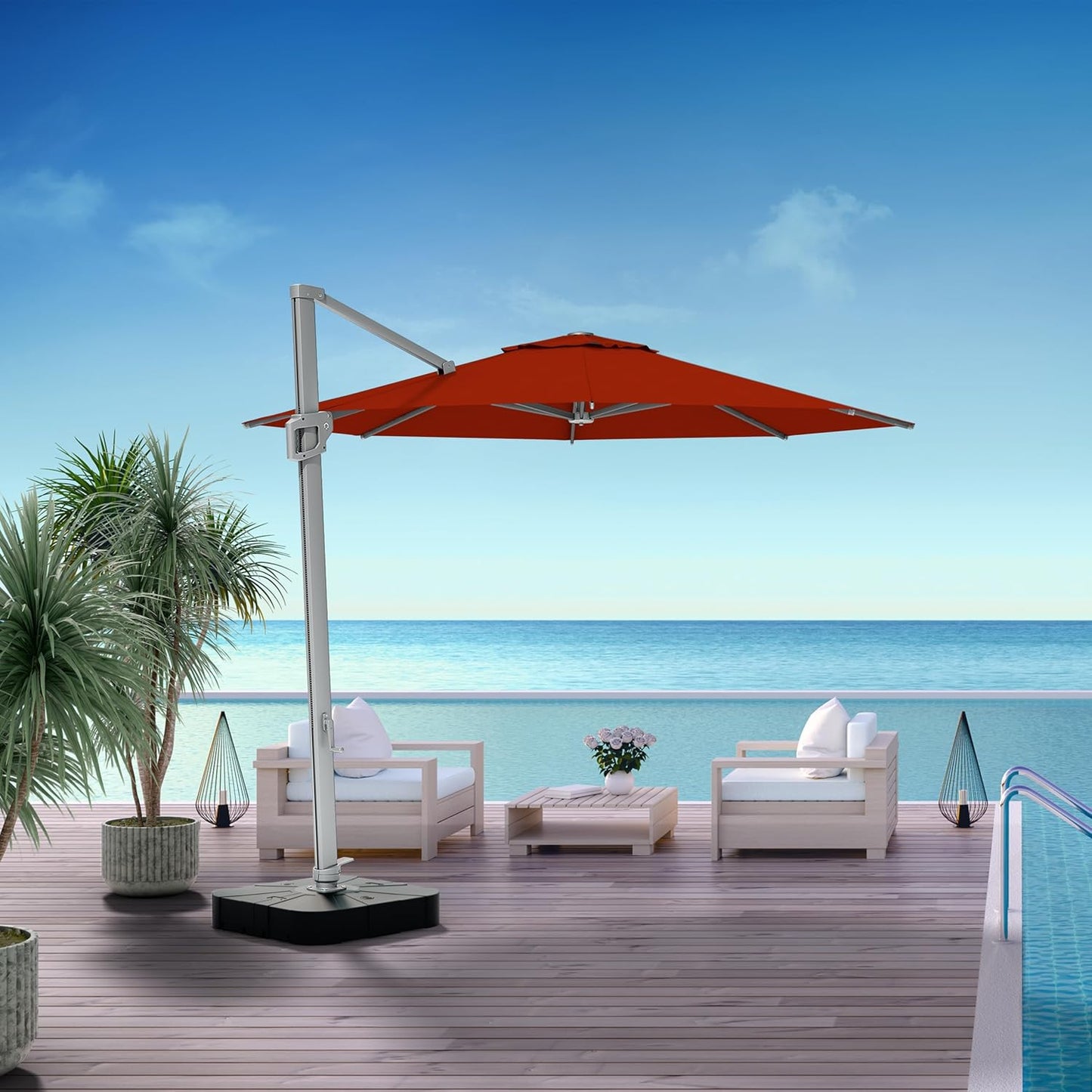 Midtown Umbrellas 10 Ft Outdoor Cantilever Patio Umbrella w/Terylast Apple Red Fabric - Rotate Tilt 360° Offset Patio Umbrella, Deck Patio Umbrella, Backyard Umbrella & Garden Umbrella - Silver Frame