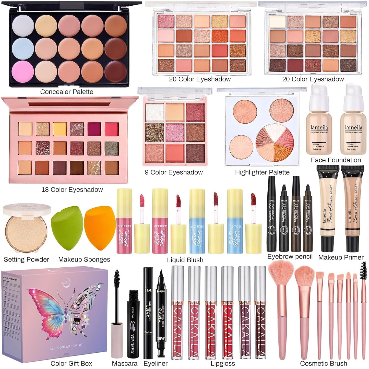 All in One Makeup Kit, Make Up Gift Set for Women, Makeup Kit for Women Full Kit, Includes Foundation Face Primer Eyeshadow Concealer Liquid Blush Lipgloss Eyeliner Mascara Cosmetic Brushes Set