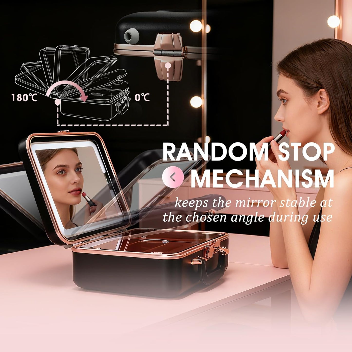 Travel Makeup Case with LED Lighted Mirror 12 Inch Portable Makeup Box Organizer Adjustable Brightness in 3 Colors Cosmetic Storage Case with Dividers Hard Aluminum Shell Vanity Box Black