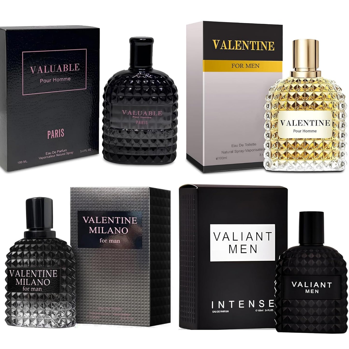 Men's Cologne Gift Set 4PCS Combo Include Valentine Milano,Valentine,Valiant Men & Valuable Paris - 3.4 Fl Oz Each | Vanilla, Leather & Amber Floral Long Lasting Fragrance