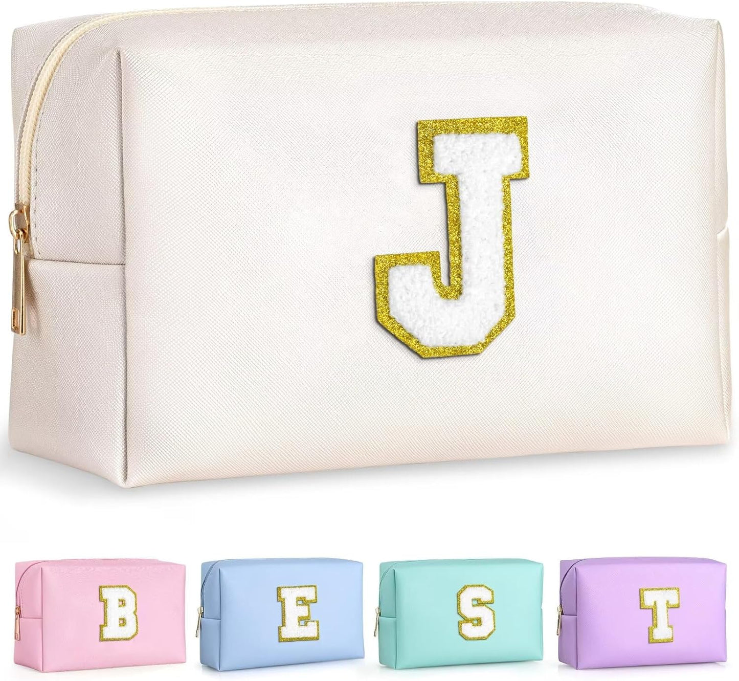 TOPEAST Birthday Gifts for Girls, Travel Makeup Bag Chenille Letter Pouch Cosmetic Bag, Makeup Travel Organizer, Monogrammed Bridesmaid Gifts for Women, Cute Stuff for Girls (White J)