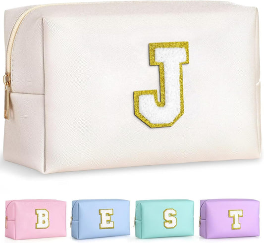 TOPEAST Birthday Gifts for Girls, Travel Makeup Bag Chenille Letter Pouch Cosmetic Bag, Makeup Travel Organizer, Monogrammed Bridesmaid Gifts for Women, Cute Stuff for Girls (White J)