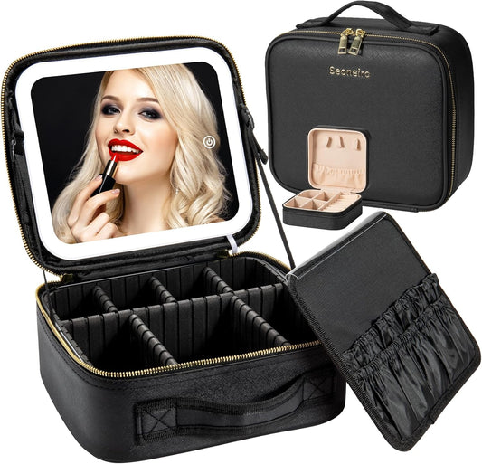 Seoneiro Makeup Travel Bag with LED Lighted Mirror Adjustable Brightness Portable Waterproof Makeup Case with Adjustable Dividers, Make up Train Case Organizer Makeup Brush Accessories and Tool Case
