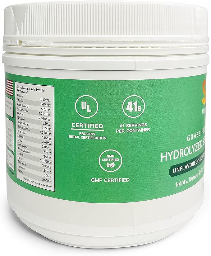 SASZ Hydrolyzed Bovine Collagen Peptides Powder 1lb Jar Clean Collagen Unflavored Grass-Fed Non-GMO Kosher Highly Soluble Protein