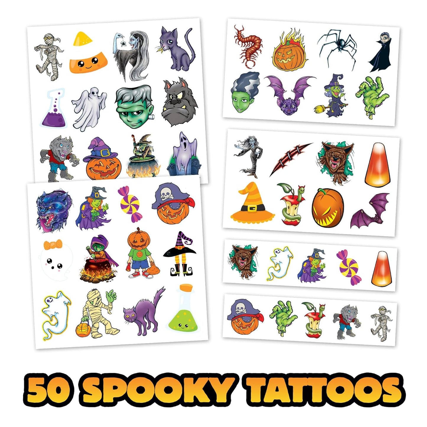 Assorted Halloween Temporary Tattoos – Spooky Designs for Kids & Adults, Includes Ghosts, Pumpkins, Bats, Skulls & More, Non-Toxic Party Favors & Trick-or-Treat Handouts