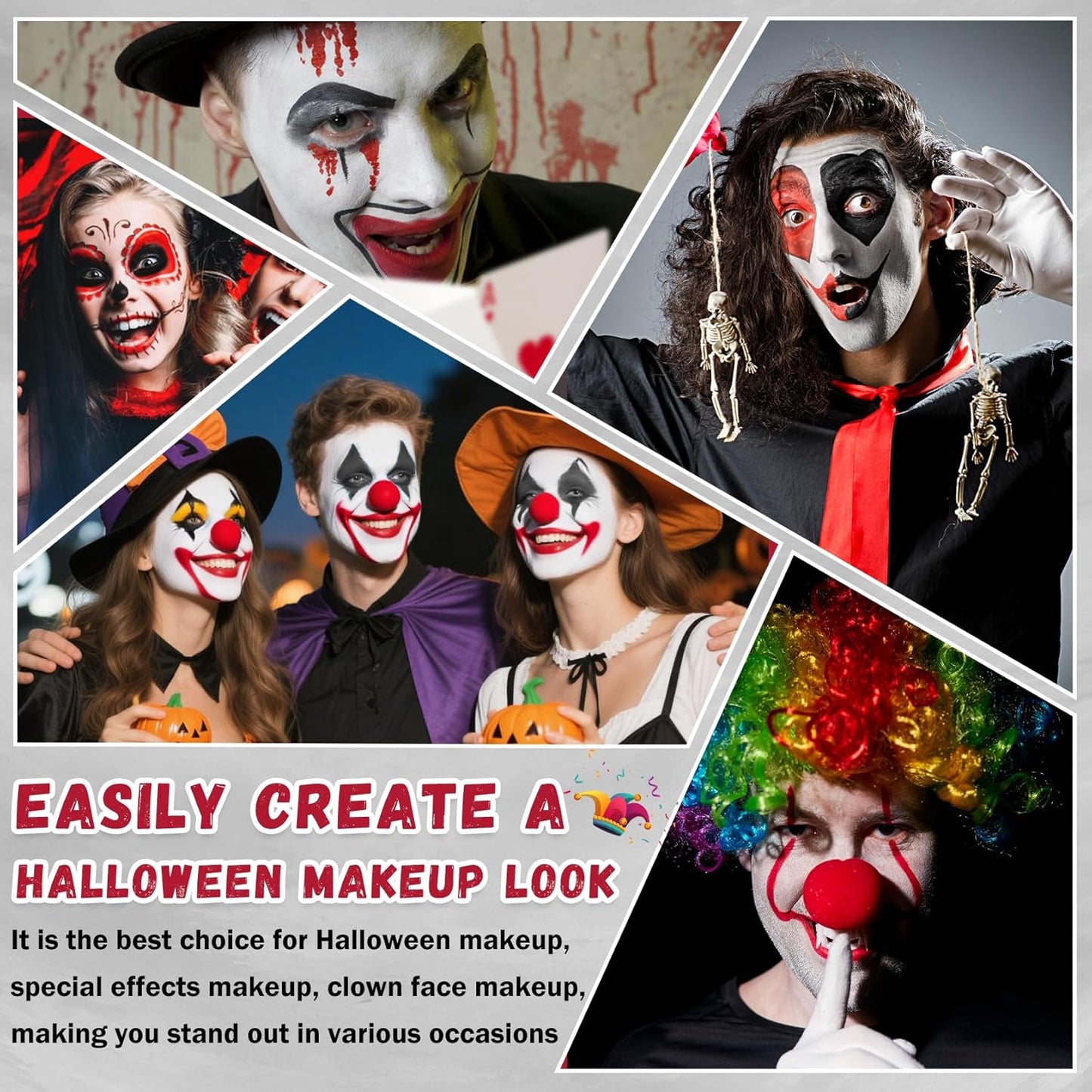 CAHIUYOA Halloween Joker Clown Makeup Kit,Black White Red Face body Paint with Red Clown Nose,Lipstick,3PCS Green Powder Puff,Professional Halloween Stage Cosplay joker Sfx Makeup