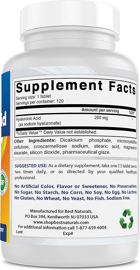 Best Naturals Hyaluronic Acid 200 mg 120 Tablets (Non-GMO, Gluten Free) - Promotes Youthful Healthy Skin & Healthy Joint Function (120 Count (Pack of 1))
