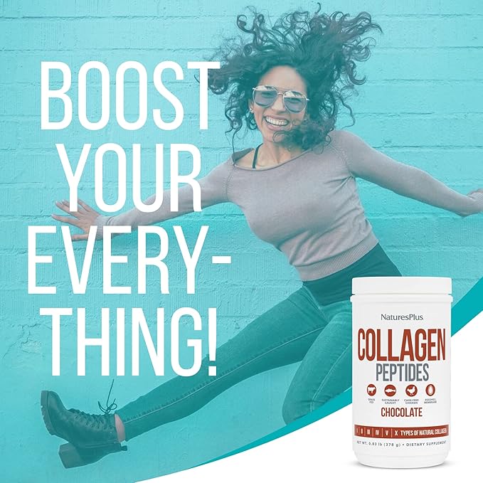 Natures Plus Collagen Peptides, Chocolate - 0.83 lb Powder - Hair, Skin, Nail & Joint Health, Immune System Support - Non-GMO, Gluten Free - 14 Servings