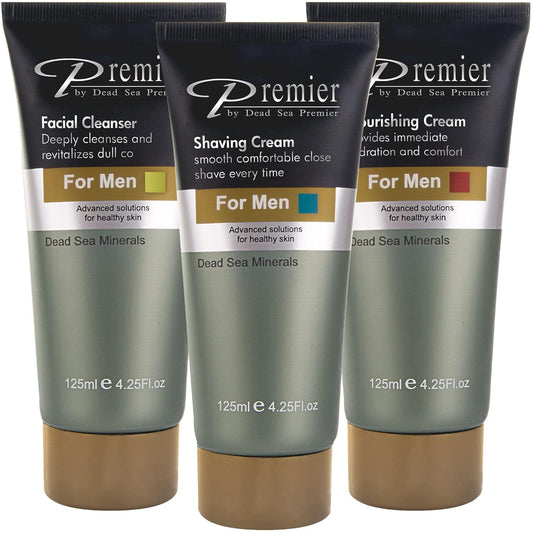 Premier Dead Sea Men's Skincare Gift Set, 3-Pack: Nourishing Cream, Shaving Cream, Facial Cleanser for Men, Sensitive Skin, Anti-Wrinkle, Daily Use