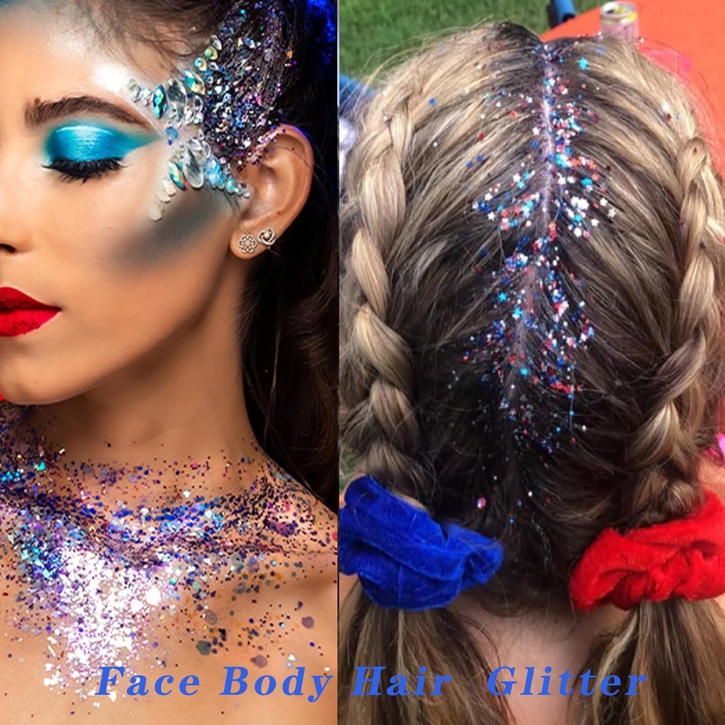 Red White and Blue Body Glitter - 4th of July Outfit Accessories for Women & Kids, USA Flag Face Glitter Makeup, Holographic Chunky Sequins for Independence Day, President's Day Memorial Day
