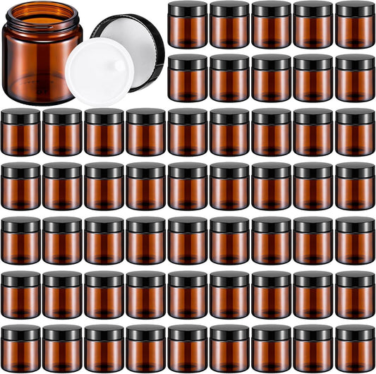 Norme 64 Pcs 4 oz Glass Jars with Lids Leakproof Round Airtight Empty Cosmetic Jars with Inner Liners Lid for Storing Lotions Powder Ointments Candle Making Tins (Black,Amber)