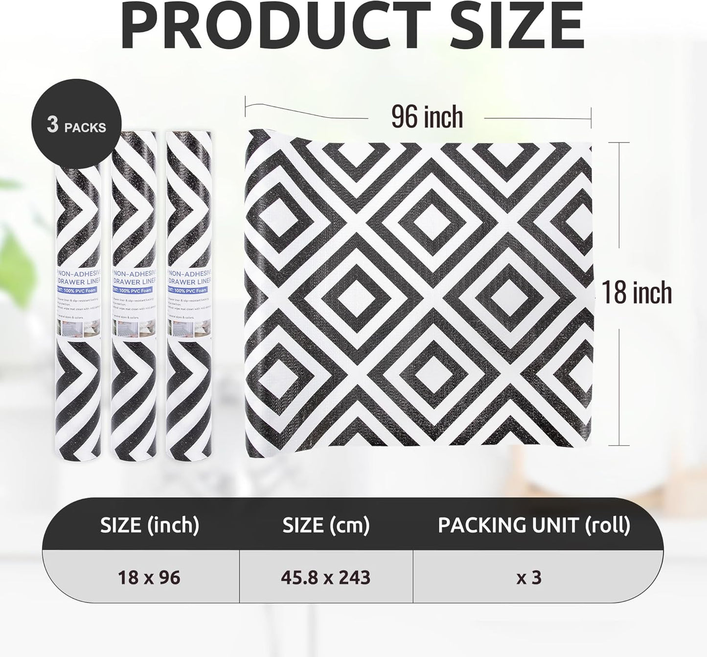 RAY STAR 18X96 Inch Shelf Liner for Kitchen Cabinets, Non-Adhesive Cabinet Liner Washable, PVC Drawer Liner for Dresser Non-Slip Bathroom (Modern Black)(3 Roll)